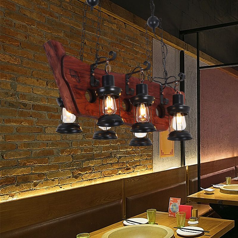 2/6/8 LUMIÈRES LANTERIE PENDANT Ferme de lampe brune îlot en verre transparent avec cercle / trapézoïde / bras en bois sillonnant