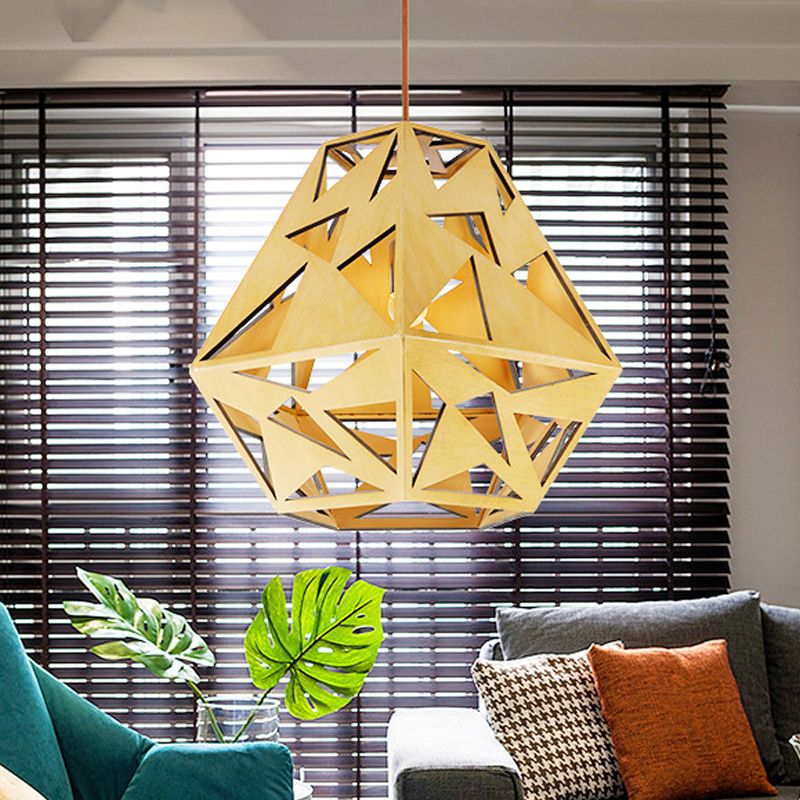 Triangle Cutout Hanging Light Fixture Asia Wood 1 Bulb Dining Room Ceiling Suspension Lamp in Beige