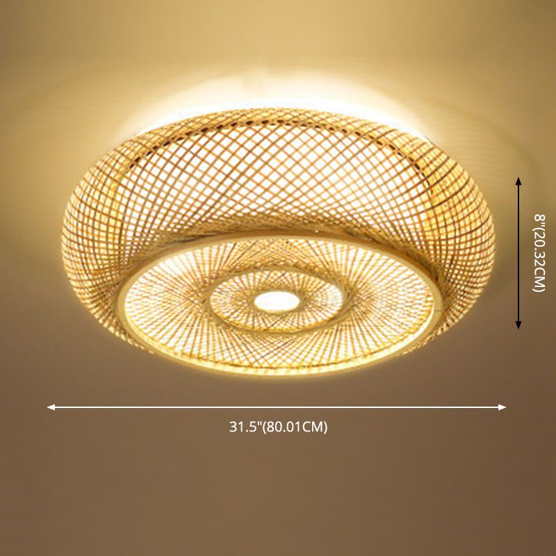 Lámpara de techo de montaje empotrado con forma de tambor redondo chino, iluminación de montaje empotrado de bambú Beige para dormitorio