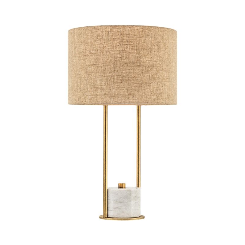 Cylinder Nightstand Lighting Modern Fabric 1 Head Bedroom Night Lamp in White/Beige with Marble Base
