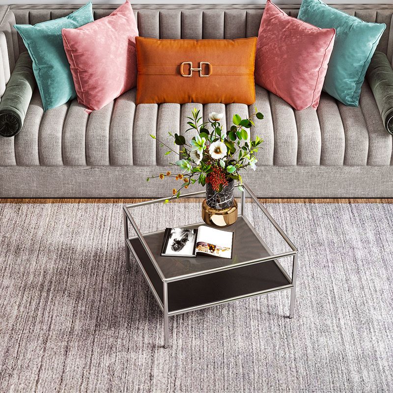 Contemporary Square Coffee Table with Shelf and Glass Top and Steel 4 Legs