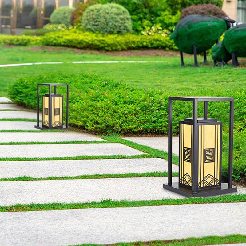 Contemporary Metal Pillar Lamp Rectangle Shape Outdoor Waterproof Light with Stone Shade