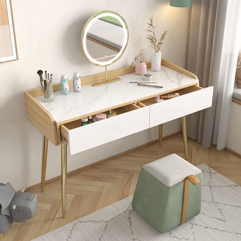Glam 2-drawer Slate Top Dressing Table 32.67" H Vanity Stool in White