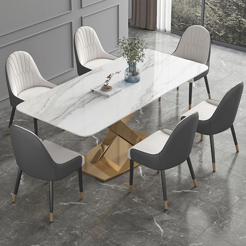 Modern Sintered Stone White Dining Set with Rectangle Table and Gold Legs Formal Dining Set