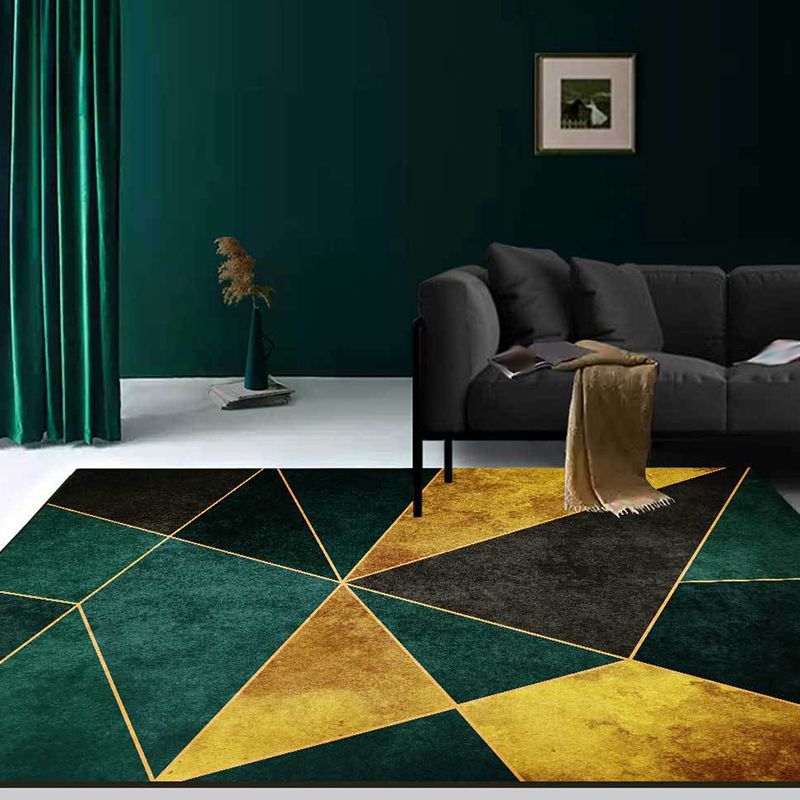 Simple Geometric Pattern Rug Green and Golden Nordic Rug Polyester Washable Anti-Slip Backing Area Rug for Living Room