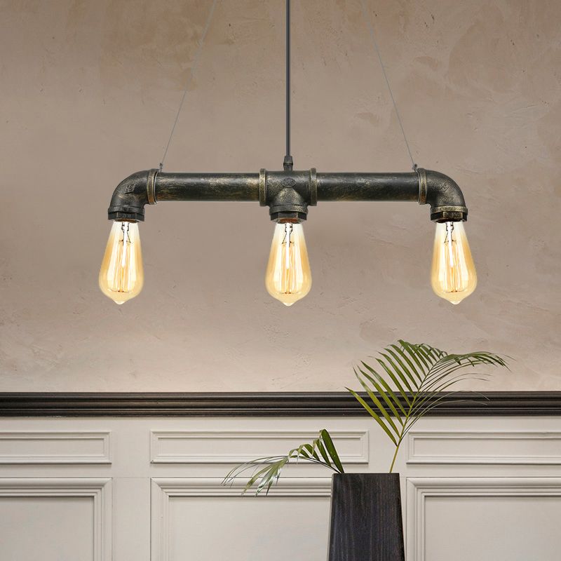 Aged Brass Pipe Ceiling Light Fixture with Open Bulb Antique Style Iron 3 Lights Indoor Island Pendant Light