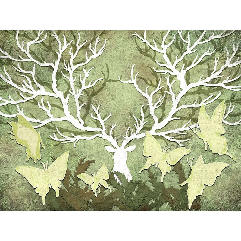 Rural Butterfly and Antler Mural Wallpaper for Home Personalized Wall Decor in Yellow-Green