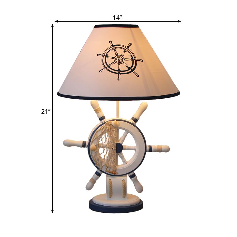 LifeBuoy / Rudder Wooden Table Light Kids Light Blue Blue Nightstand Lampe avec une teinte en tissu conique