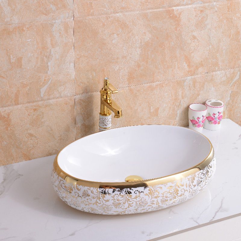 Traditional Vessel Bathroom Sink Oval Porcelain with Overflow Vessel