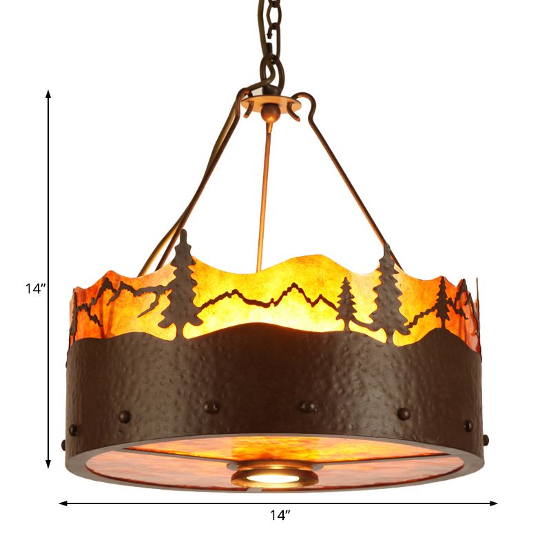 Brun 3 lumières lustre luminaire luminaire rustique Pleen à tambour à tambour avec motif d'arbres