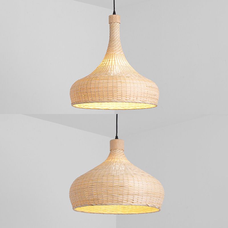 Hand-worked Natural Bamboo Drop Lamp Minimalist 1-Light Beige Pendant Light for Bedroom