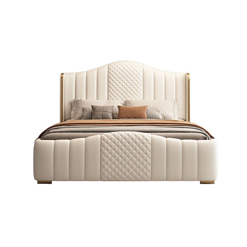 Glam Beige Standard Bed Camel Back Pine Wood and Metal    Panel Bed