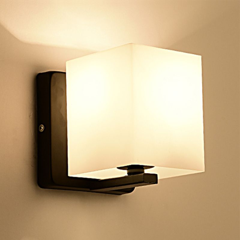 White Shade Sconce Light with Black Base 1 Light Modern Style Milk Glass Wall Sconce for Living Room