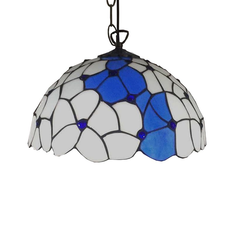 Blue-White Hand Cut Glass Domed Pendant Lamp Baroque 1 Head Ceiling Hanging Light for Dining Room