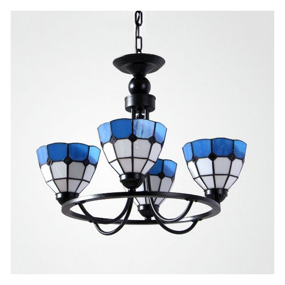 Blue Glass Bowl Ceiling Hanging Light 4 Lights Mediterranean Chandelier Lamp for Bedroom