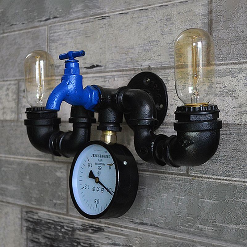 Antique Style Pipe Wall Lamp with Pressure Gauge and Faucet Deco 2 Lights Metal Sconce Lighting in Black