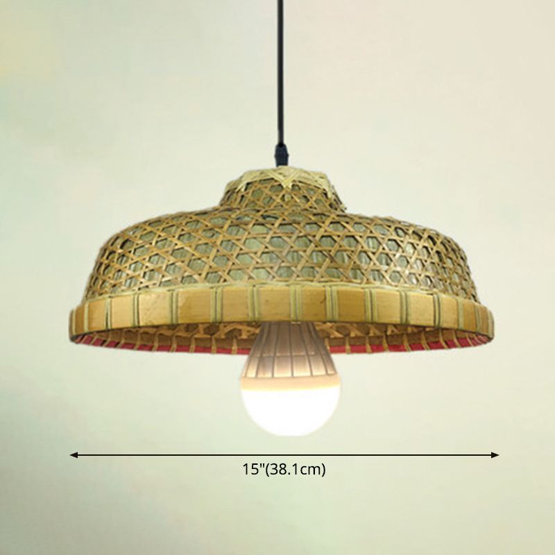 Asian Inspired Farmers Hat Pendant Bamboo Woven 1 Head Diner Ceiling Lamp in Wood