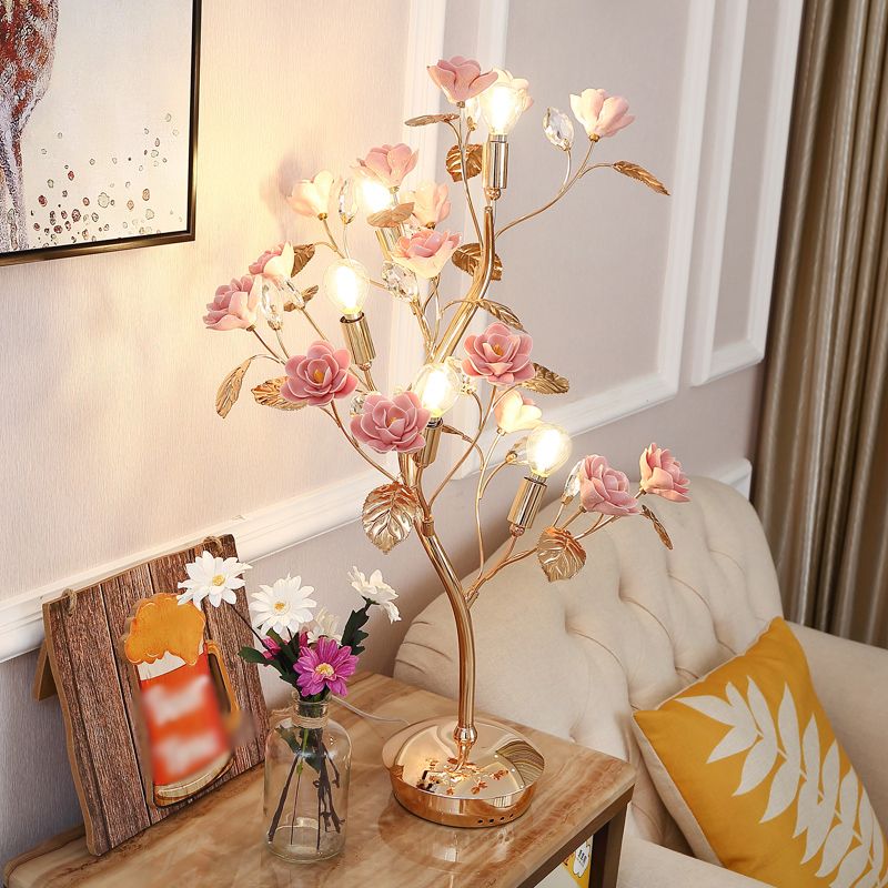 Floral Ceramic Table Light Pastoral Style Living Room Nightstand Lamp with Decorative Crystal