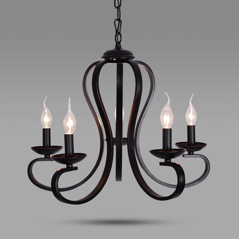 Black Swirled Arm Pendant Lighting Classic-Style Metal 3/5/6 Lights Living Room Chandelier