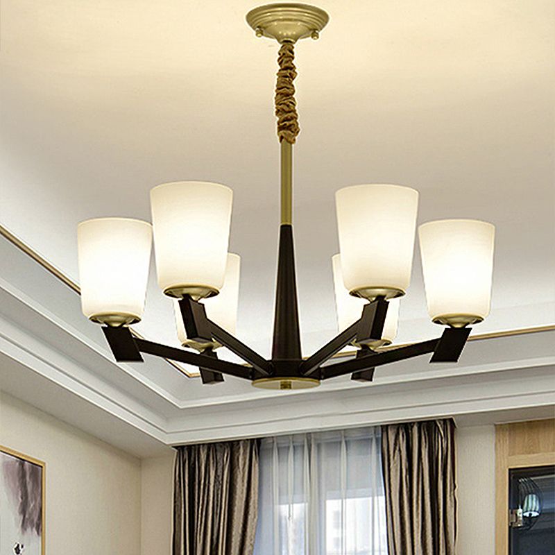 Cone Frosted Glass Light Chandelier Traditional 6/8/12 Lights Living Room Pendant Lighting in Black
