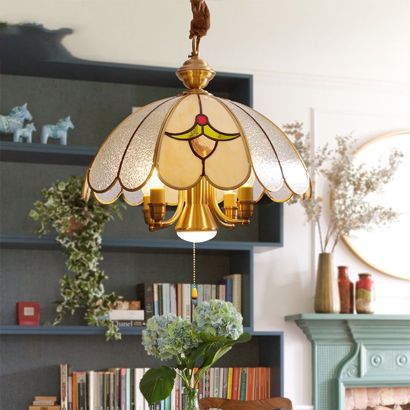 5 Bulbs Scallop Pendant Lamp Colonial Gold Frosted Glass Chandelier Light Fixture for Study Room