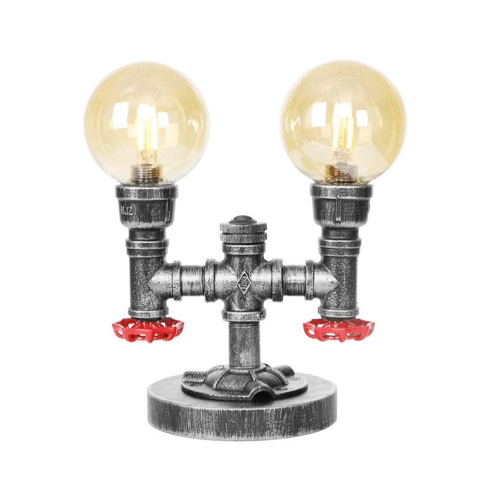 Lámpara de mesa industrial con pantalla redonda, 2 luces, luz de escritorio de vidrio transparente/ámbar en plata antigua con base