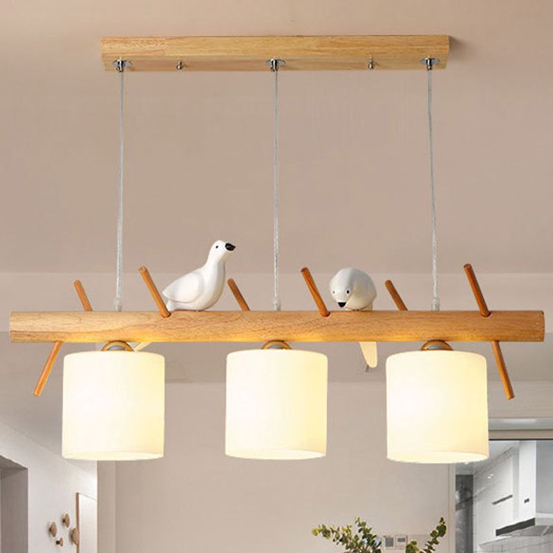 Modern Wood Pendant Light Cylinder Shape Island Light with Glass Shade for Living Room