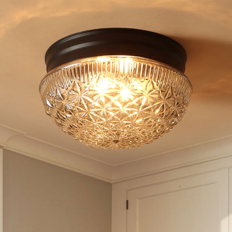 Clear Textured Glass Dome Flushmount Industrial 2 Bulbs Flush Ceiling Light in Matte Black