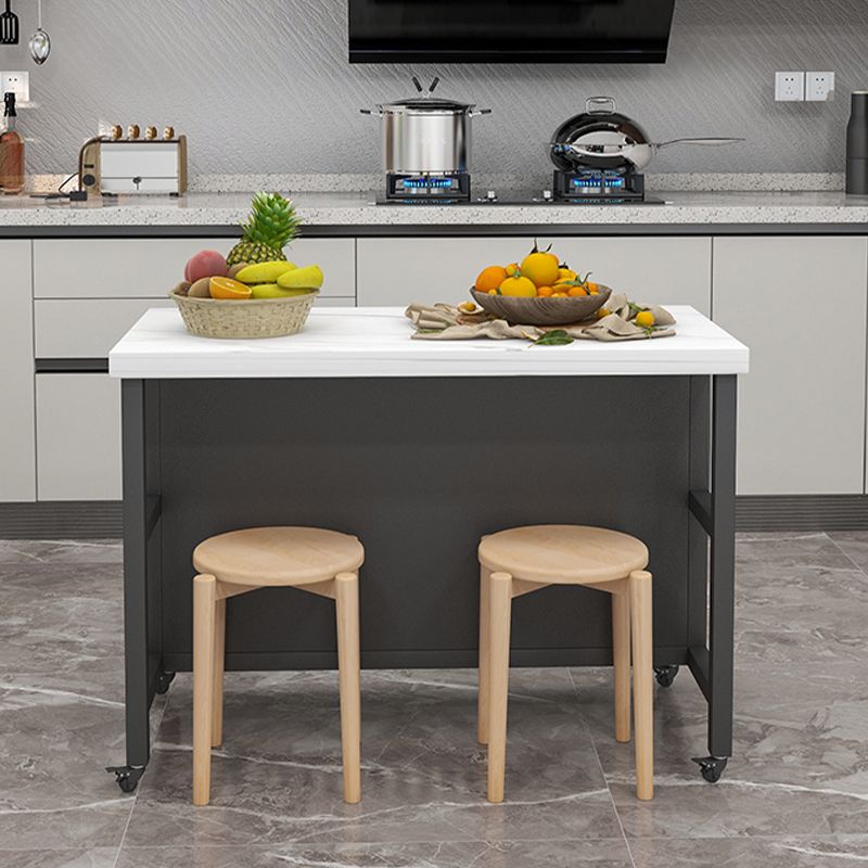 White Faux Marble Rectangle Kitchen Island Cart with Open Storage