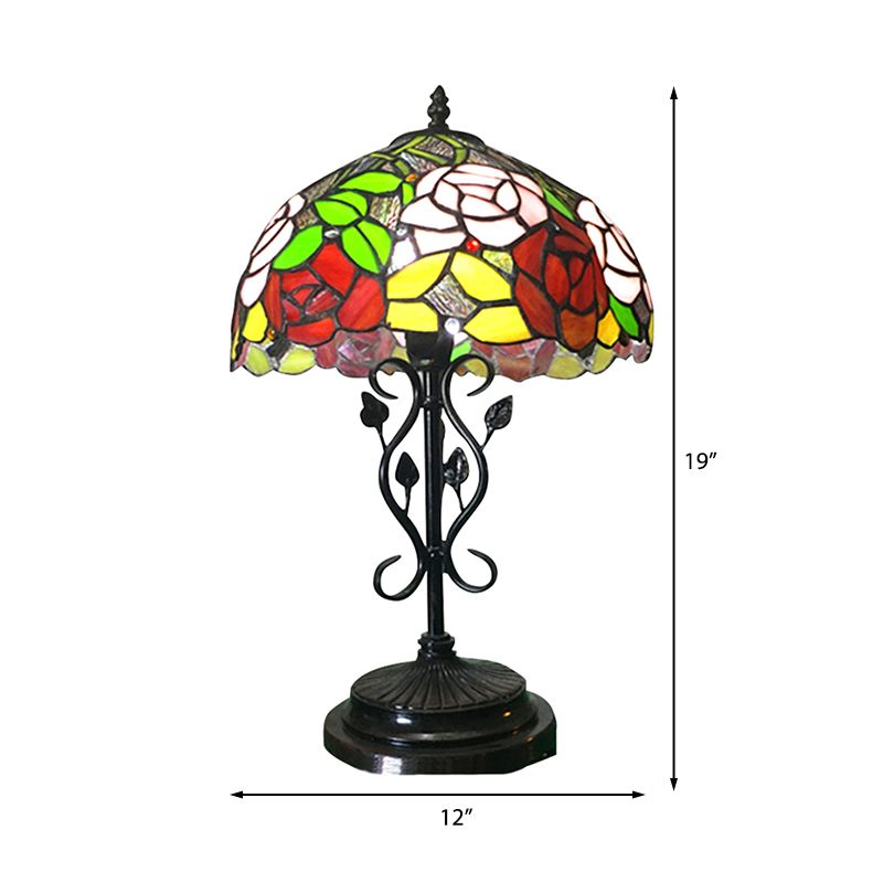 Stained Glass Rose Desk Light with Leaf Base Office 1 Bulb Tiffany Rustic Desk Lamp in Black Finish