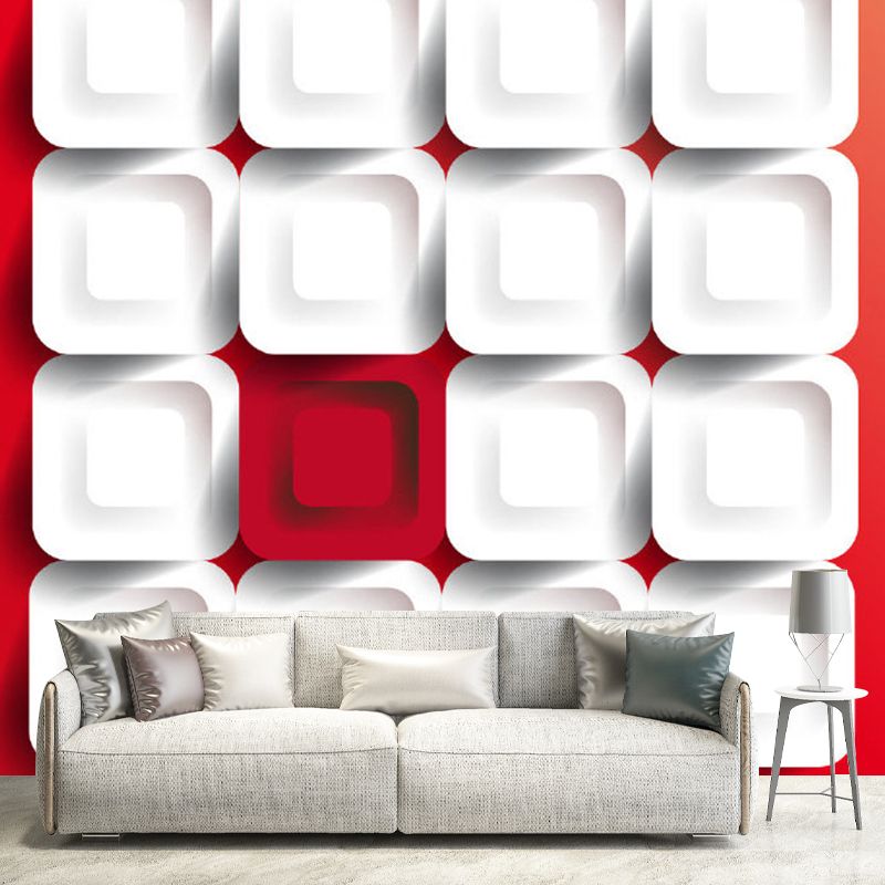 Geometry Check Wall Mural Decal Modern Style Non-Woven Wall Decor in White on Red