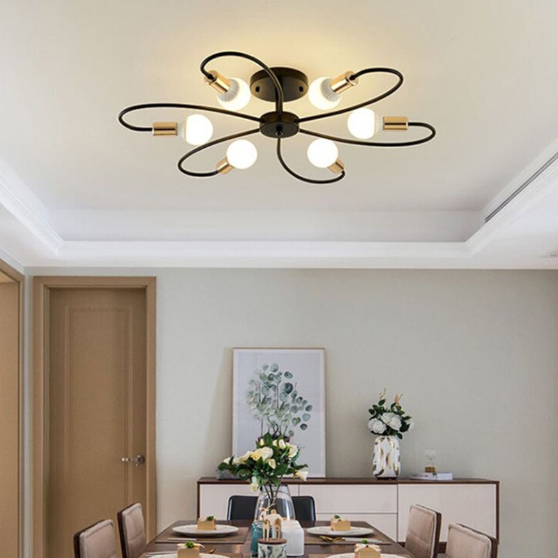 Bare Bulb Floriated Semi Flush Mount in Industrial Vintage Style Metal Ceiling Light for Dining Room