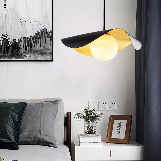 Black and Gold Inner Ruffle Pendant Postmodern 1 Bulb Faux Marble Hanging Light with Ball Glass Shade