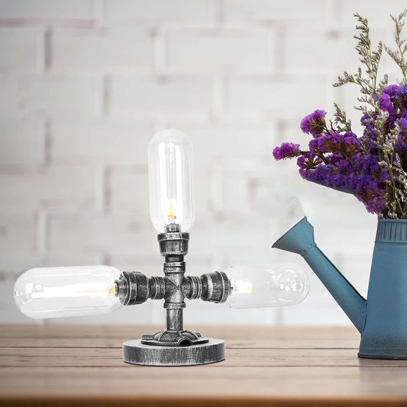 Capsule Clear/Amber Glass Night Light Farmhouse 2/3 Heads Tearoom LED Table Lamp with Pipe Base