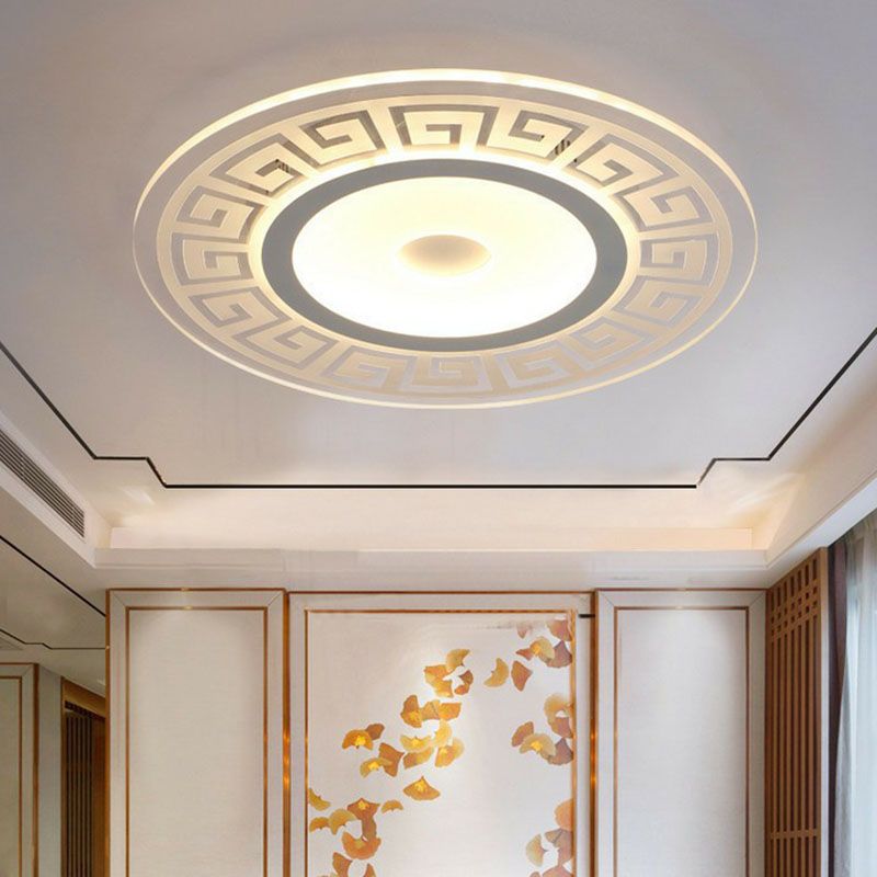 Acrylic Rounded Shape LED Flush Light Artistic White Ceiling Light Flush Mount with Greek Key Decor for Bedroom