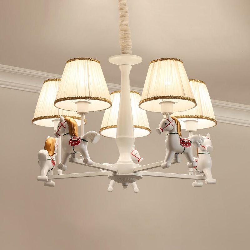 Pleated Fabric Tapered Ceiling Lighting Cartoon White Chandelier Light Fixture with Resin Horse