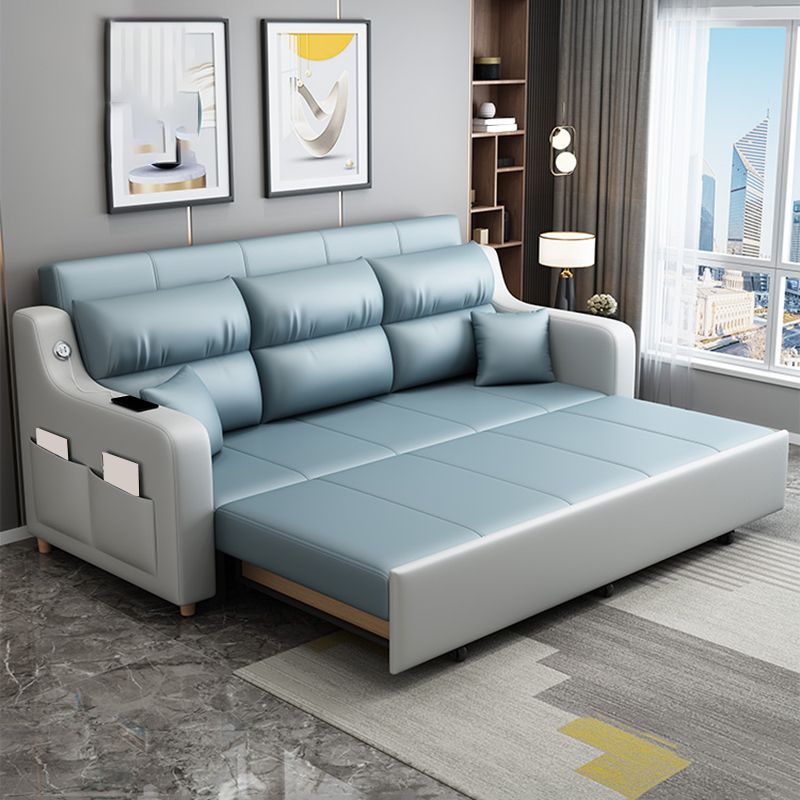 Contemporary Stain Resistant Sofa Bed Faux Leather Couch Bed in Blue