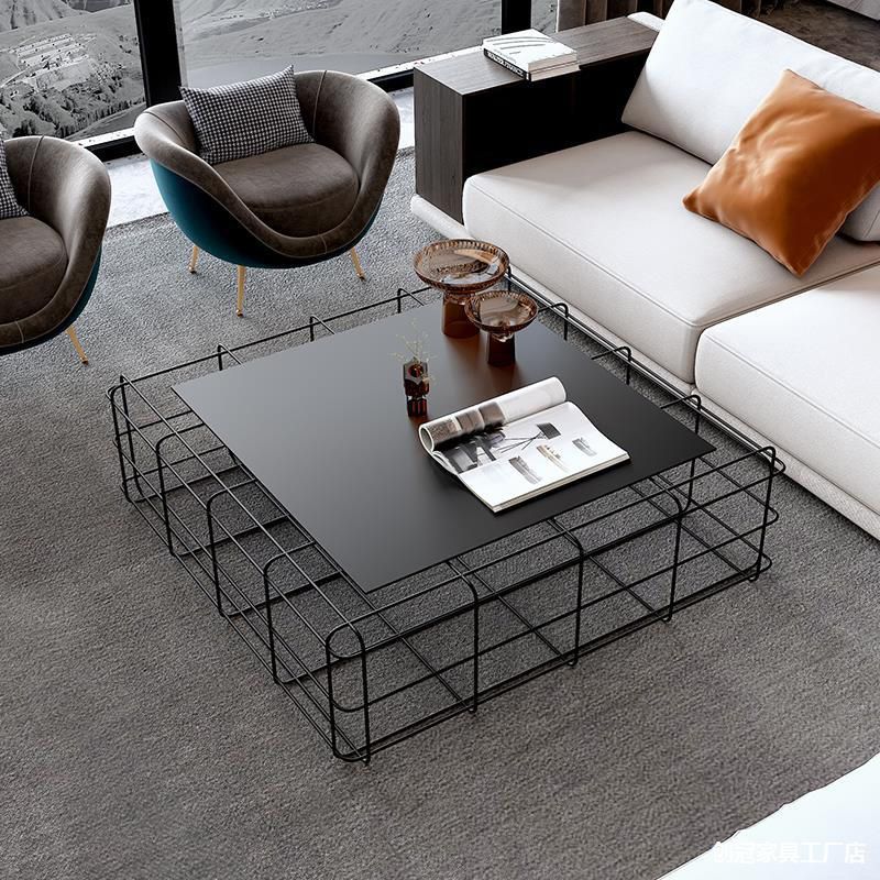 Mid-Century Modern Frame Coffee Table in Black with Iron Top