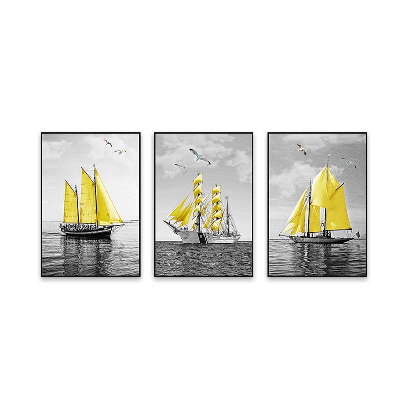 Sea Sailing Ships Wall Art Living Room Scenery Canvas Print in Yellow-Grey, Set of 3