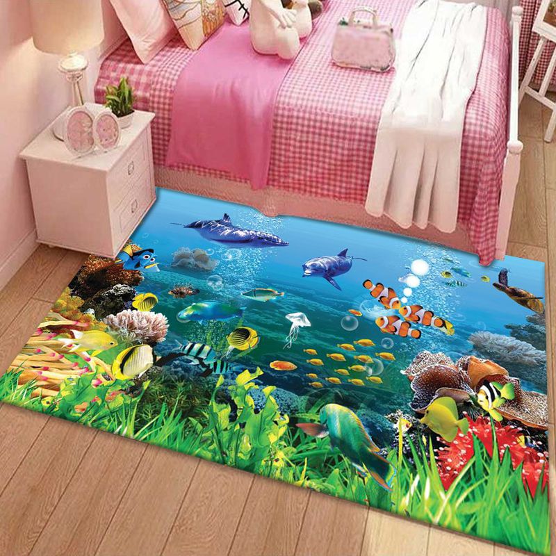 Ocean Blue Modern Rug Blending Fishes Indoor Rug Non-Slip Backing Rug for Living Room