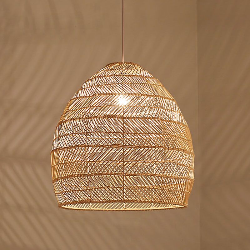 Rattan Cloche Pendant Ceiling Light Asian Single-Bulb Suspension Lighting over Dining Table