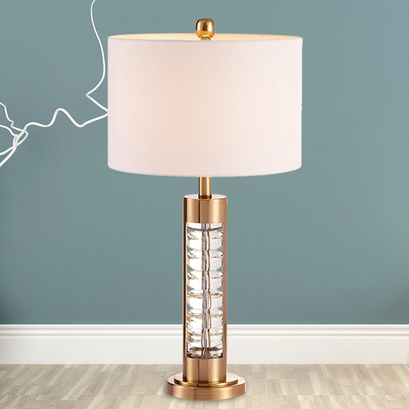 1 Kopf rund Schatten Nachttisch Lampe Traditionelle weiße Stofftischleuchte mit goldener Metallbasis