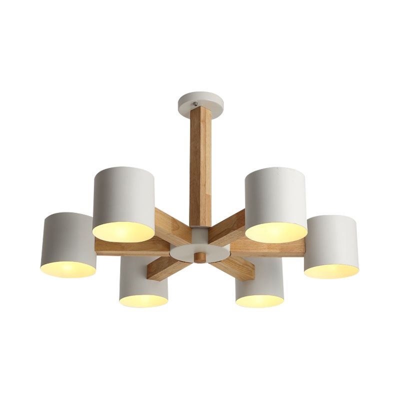 Cylindrical Lounge Ceiling Lamp Metal 6 Heads Nordic Semi Flush Mount Chandelier in White with Wood Burst Designed Stem