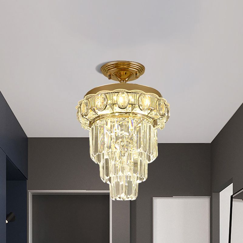 Taper Corridor Ceiling Lamp Modern Clear Crystal Blocks Gold Finish LED Semi Mount Lighting