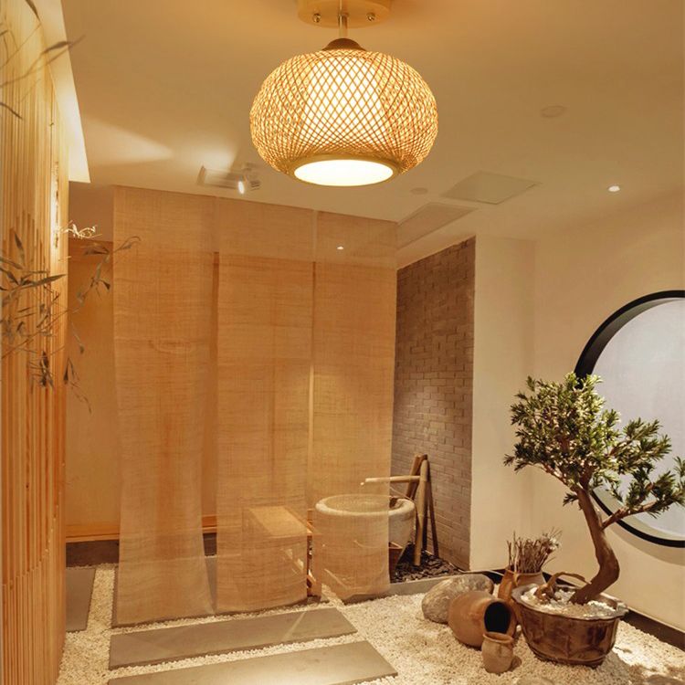 Globe Semi Flush Mount Japanische Rattan Deckenmontage Kronleuchter für Schlafzimmer