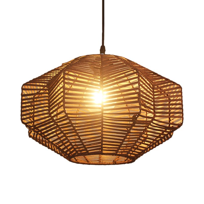 Asian Style Rattan Pendant Lamp with Geometric Shade 1 Head Restaurant Ceiling Pendant Light
