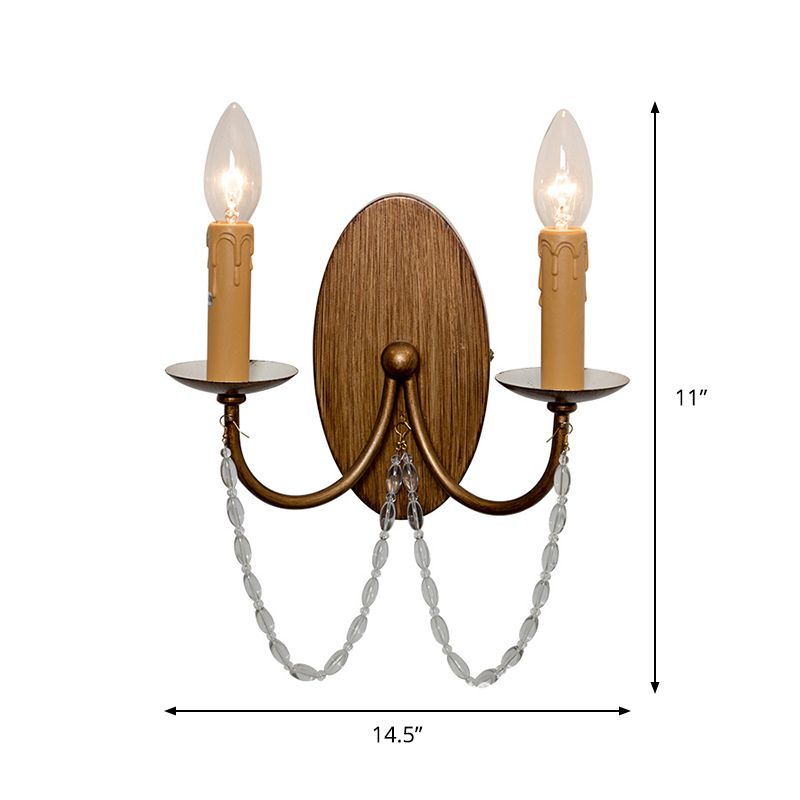 Wood Candle Wall Sconce Light Rustic Crystal Bead 2 Lights Hallway Wall Mount Lamp