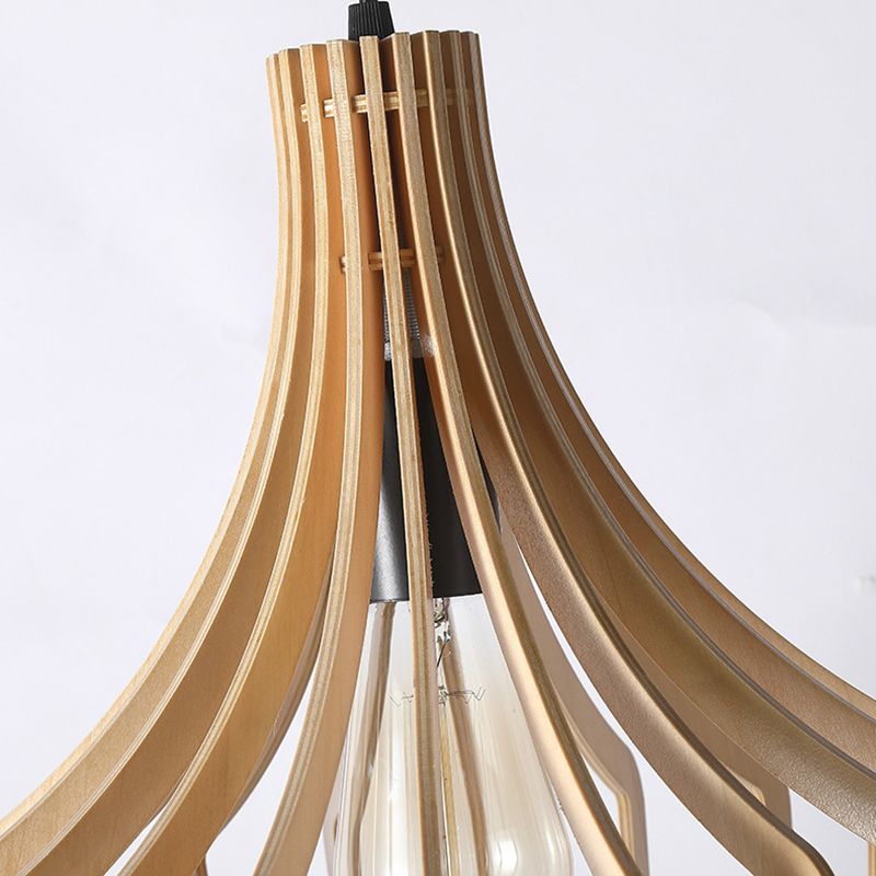 Cage Shaped Wooden Pendant Minimalism 1 Bulb Beige Suspension Lighting for Restaurant