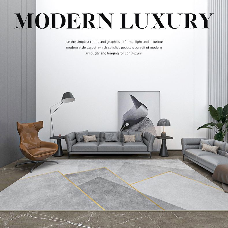 Grey Living Room Area Rug Geometric Print Polyester Area Carpet Non-Slip Backing Rug for Home Decor