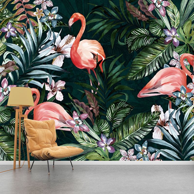 Tropical Flamingo and Forest Mural for Gallery, Extra Large Wall Covering in Soft Green